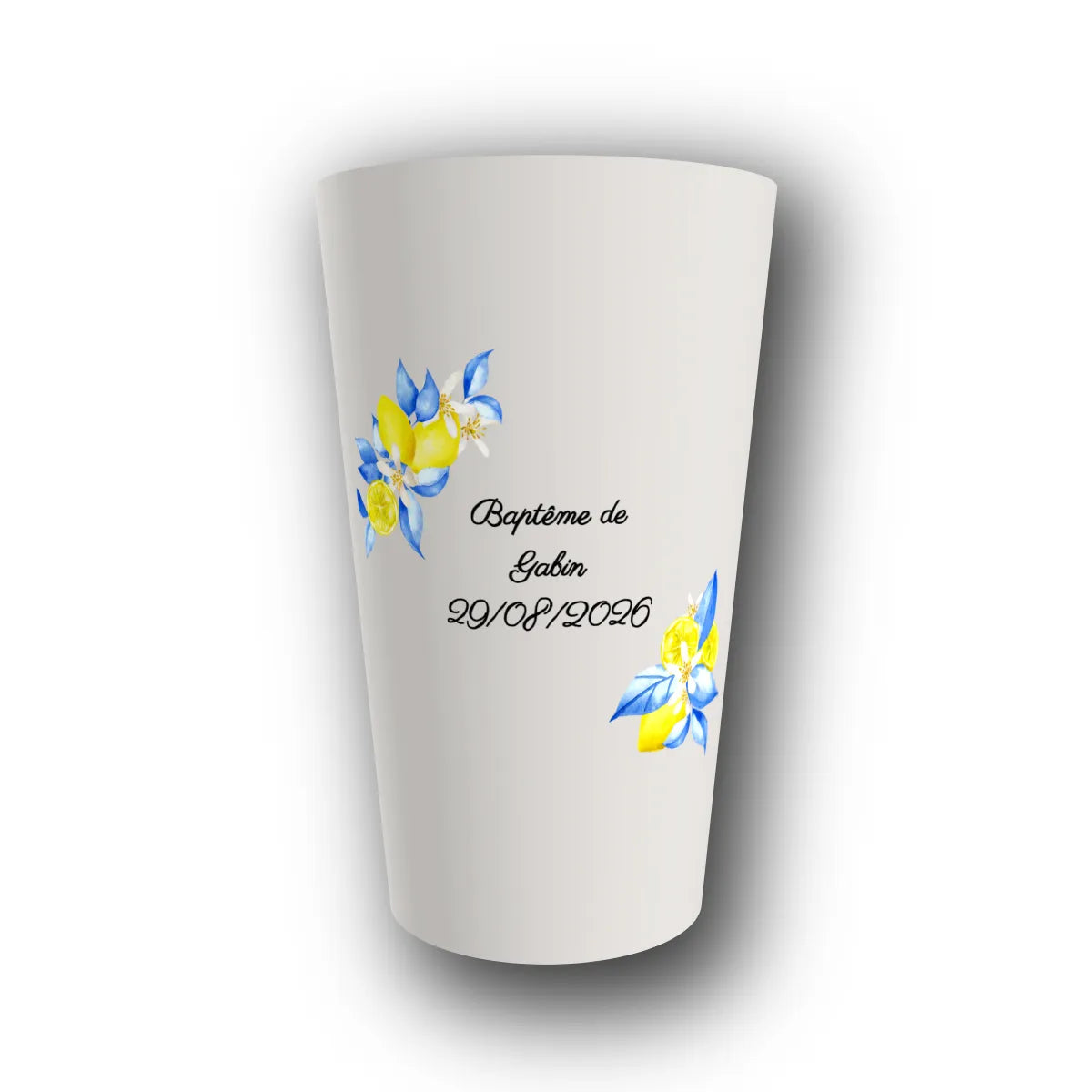 Gobelet réutilisable personnalisé baptême, citron bleu Dolce Vita, rendu 3D