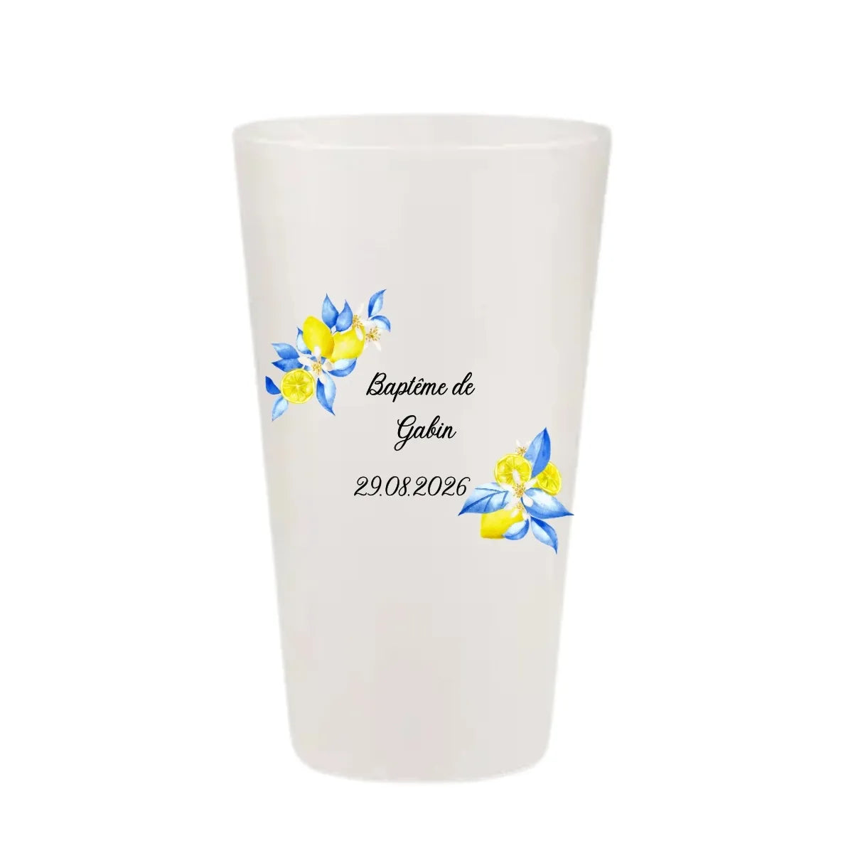 Gobelet baptême personnalisé illustré de citron et de feuille bleu