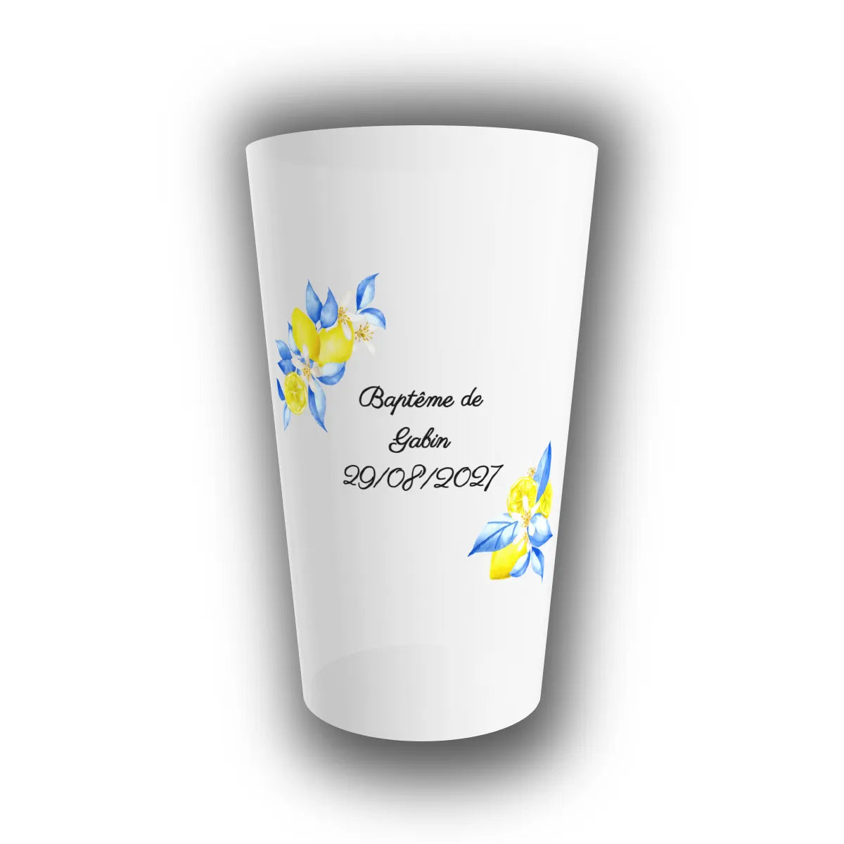 Gobelet réutilisable personnalisé pour baptême, translucide avec motif citrons et feuillage bleu, prénom de l'enfant et date imprimés à l'avant