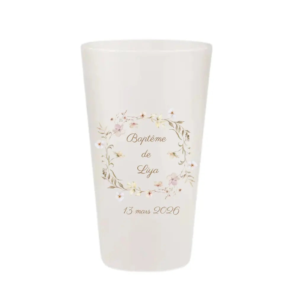 Gobelet réutilisable personnalisé pour baptême, illustration couronne circulaire de fleurs sauvages aquarelle, fabriqué en France.