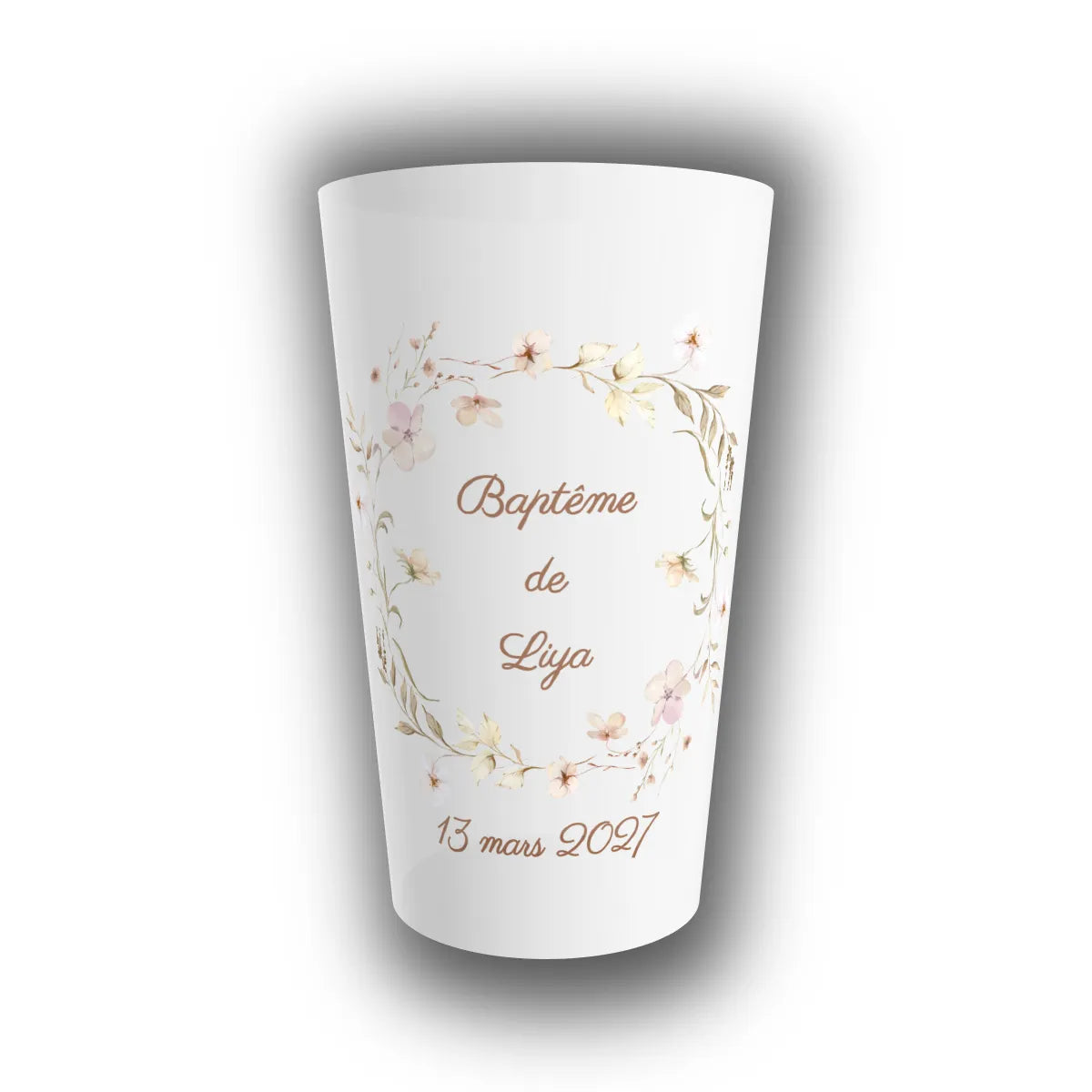 Gobelet réutilisable personnalisé pour baptême, translucide, orné d'une couronne champêtre aquarelle avec prénom de l'enfant et date à l'avant