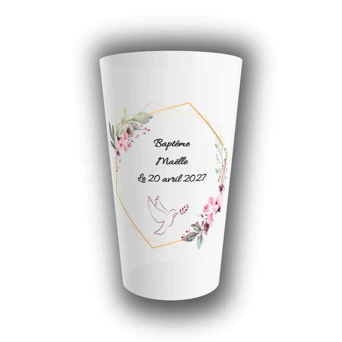 Gobelet réutilisable personnalisé pour baptême, translucide, décoré d'une couronne dorée, de fleurs de cerisier et d'une colombe, prénom et date affichés