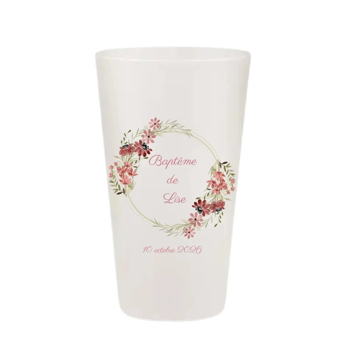 Gobelet baptême KUZTOM avec couronne de fleurs terracotta et vieux rose.