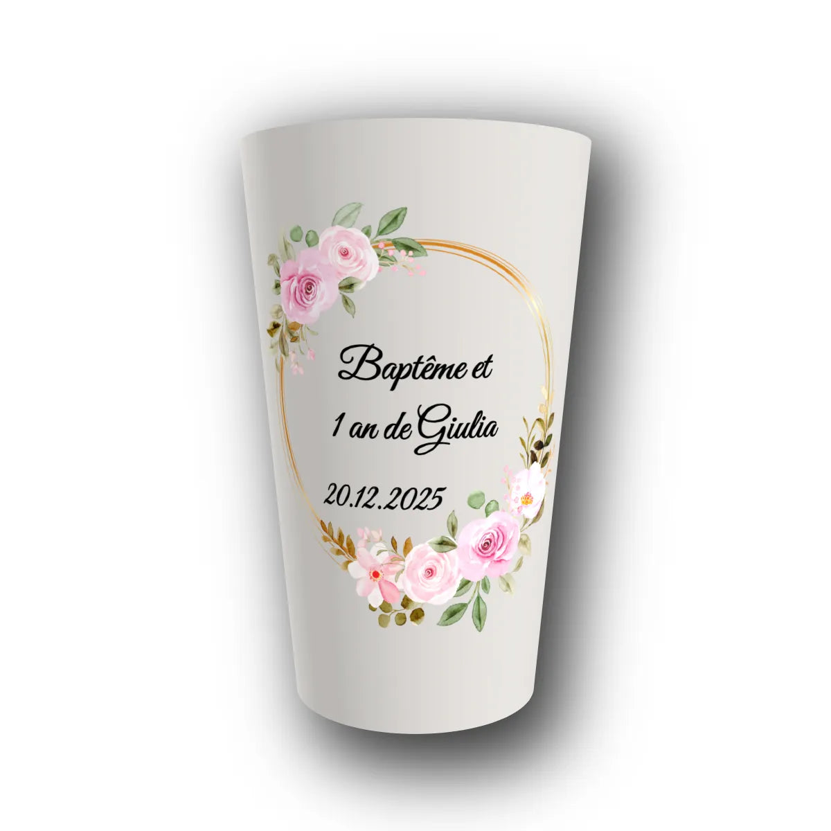 Gobelet réutilisable personnalisé baptême, double célébration florale, rendu 3D