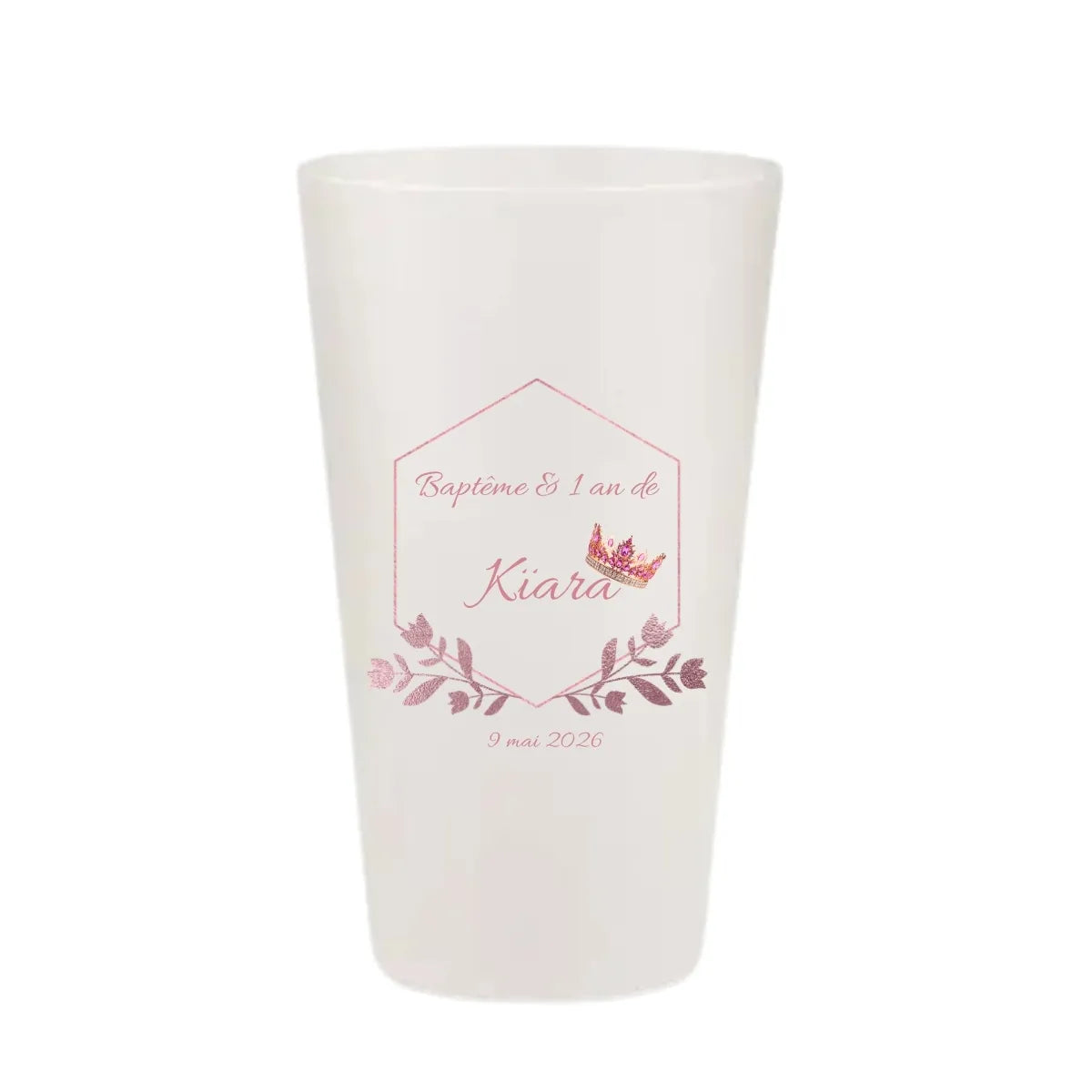 Gobelet baptême KUZTOM avec hexagone or rose, couronne
