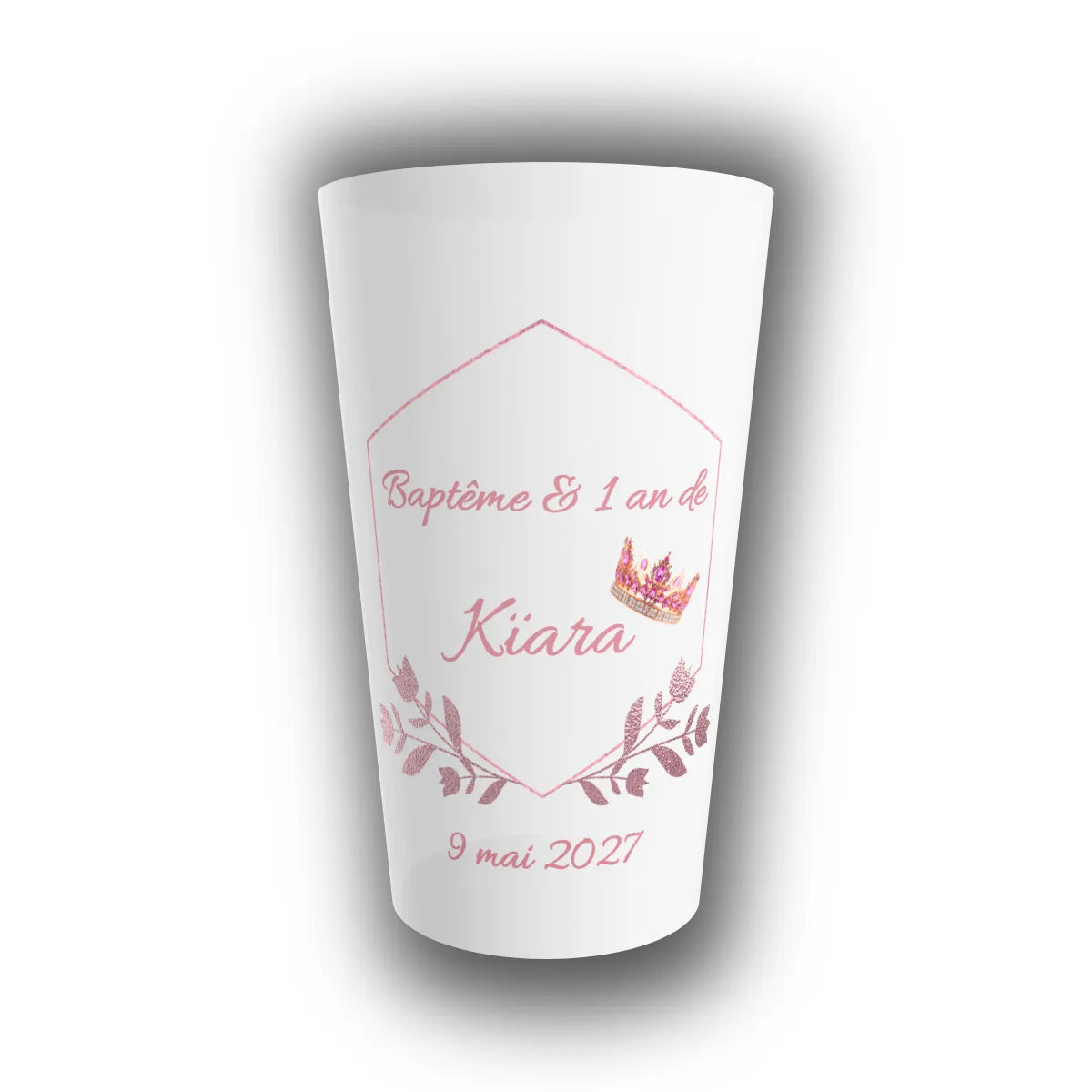 Gobelet réutilisable personnalisé pour baptême, hexagone or rose pailleté, couronne et feuillages, prénom de l'enfant et date inscrits