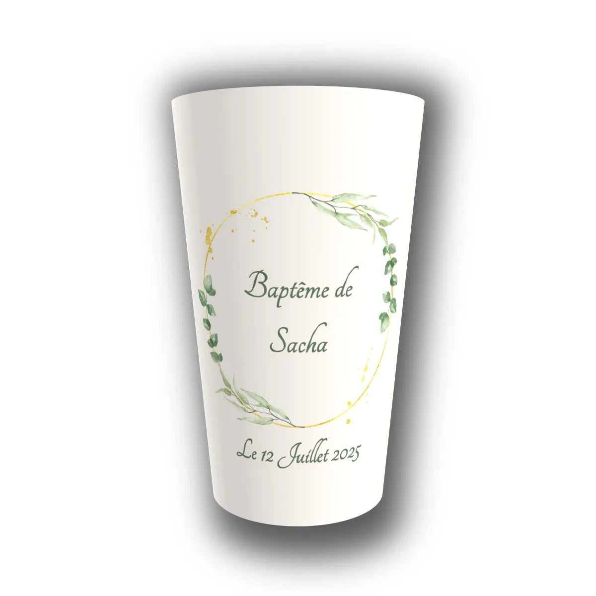 Gobelet baptême personnalisé Eucalyptus Doré — réutilisable, Kuztom