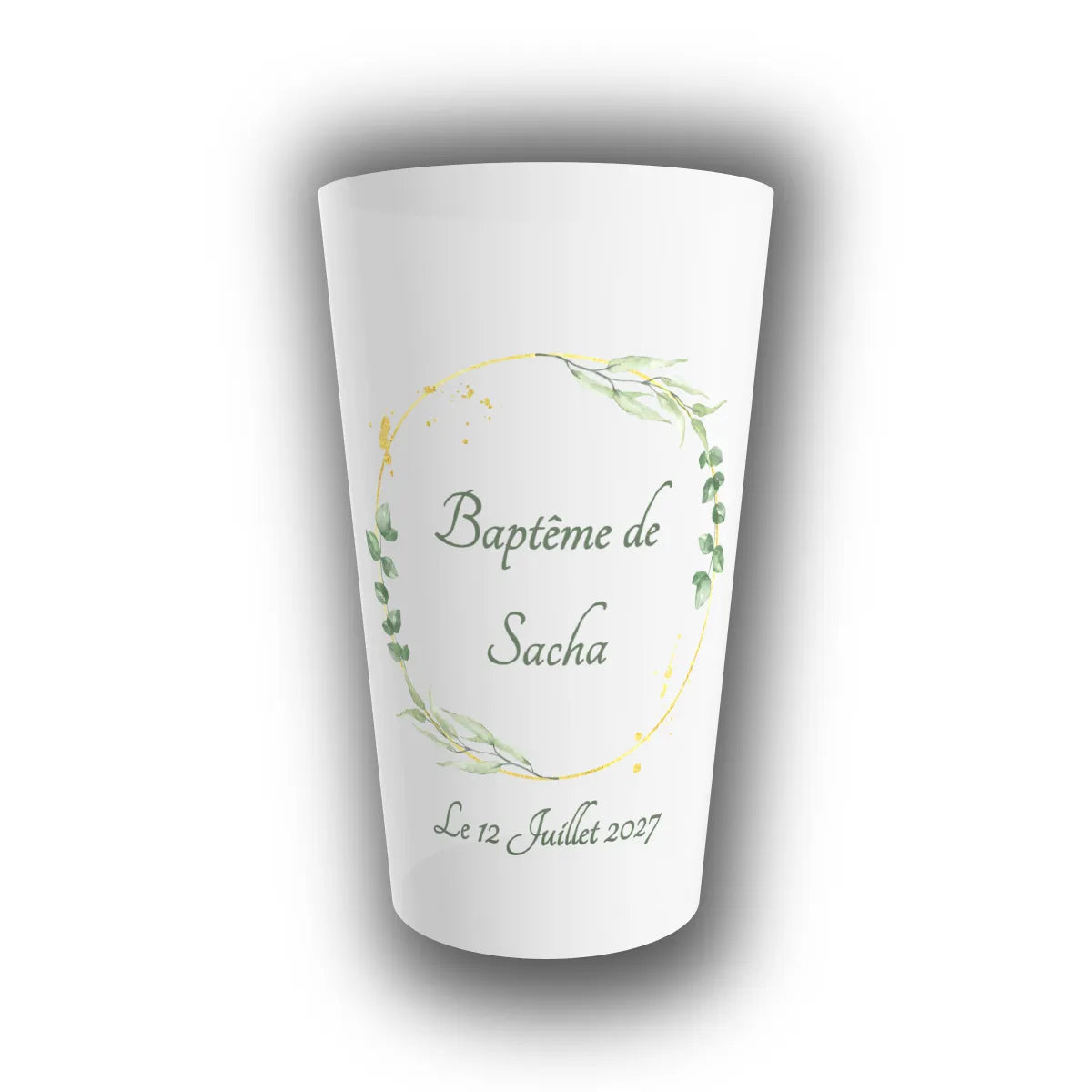 Gobelet réutilisable personnalisé pour baptême, couronne dorée et eucalyptus aquarelle, prénom de l'enfant et date du jour inscrits