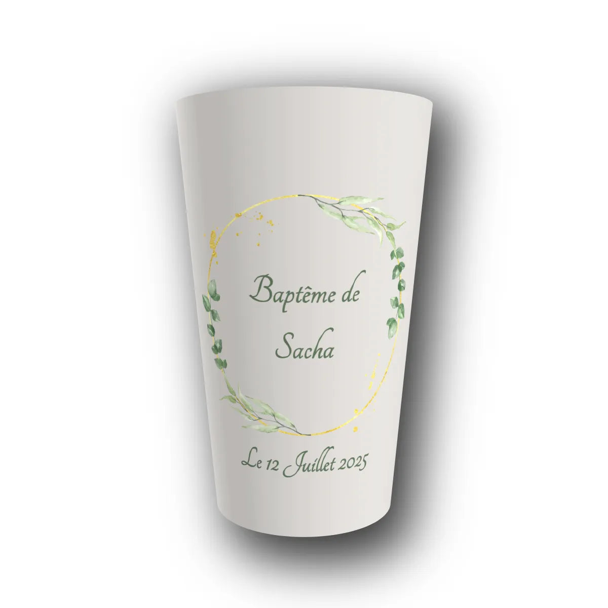 Gobelet réutilisable personnalisé baptême, eucalyptus doré, rendu 3D
