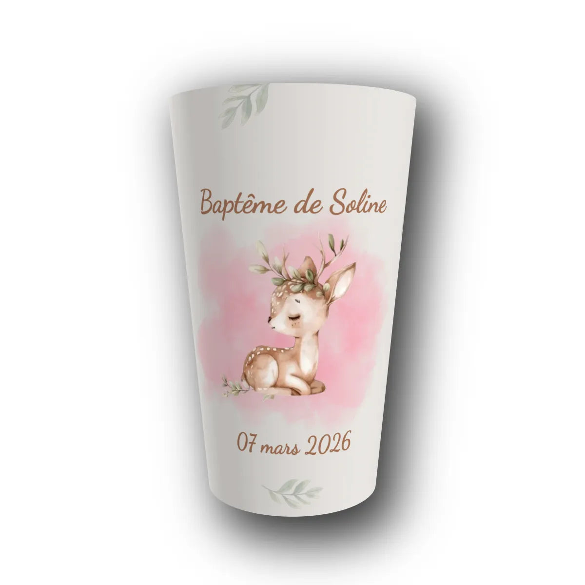 Gobelet réutilisable personnalisé baptême, faon aquarelle, rendu 3D
