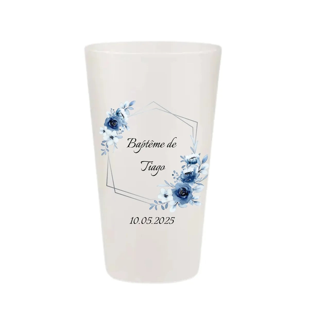 Gobelet baptême KUZTOM avec hexagone argenté et fleurs bleu nuit.