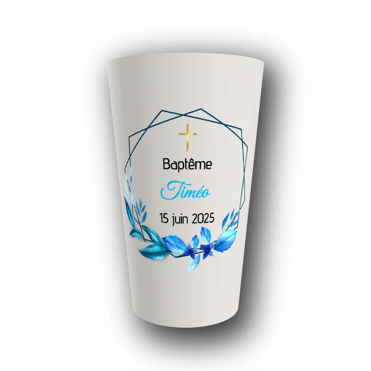 Gobelet réutilisable personnalisé baptême, horizon azur, rendu 3D