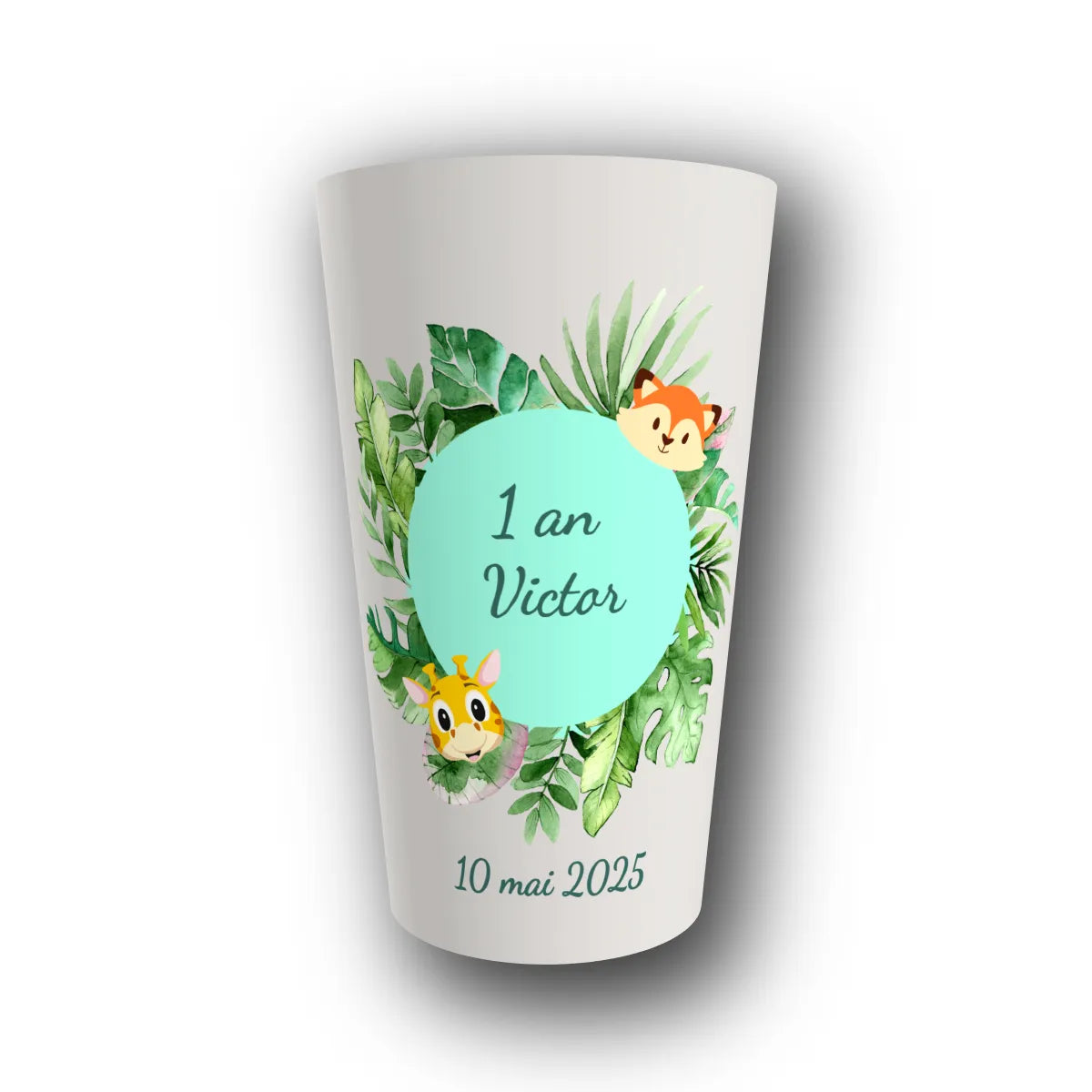 Gobelet réutilisable personnalisé baptême, jungle vert mint, rendu 3D