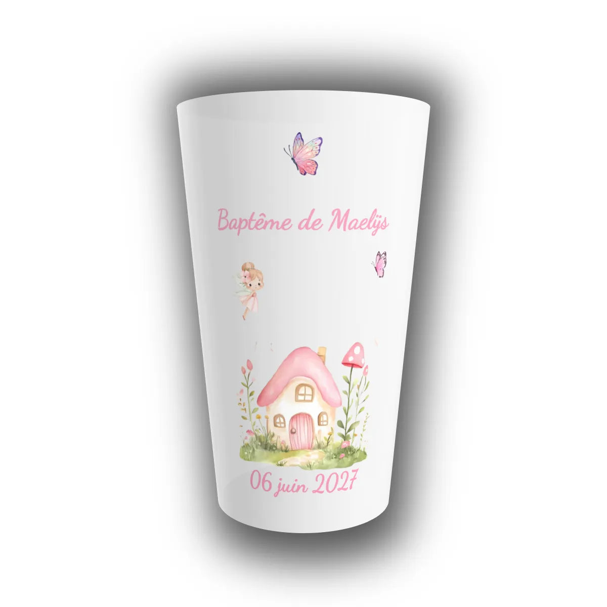 Gobelet réutilisable personnalisé pour baptême translucide, maison de fée pastel, papillons et petite fée, prénom de l'enfant et date imprimés