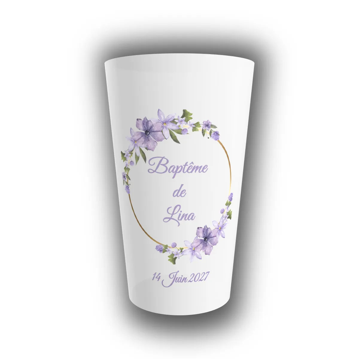 Gobelet réutilisable personnalisé translucide pour baptême, couronne florale lilas et cercle doré, prénom de l'enfant et date à personnaliser