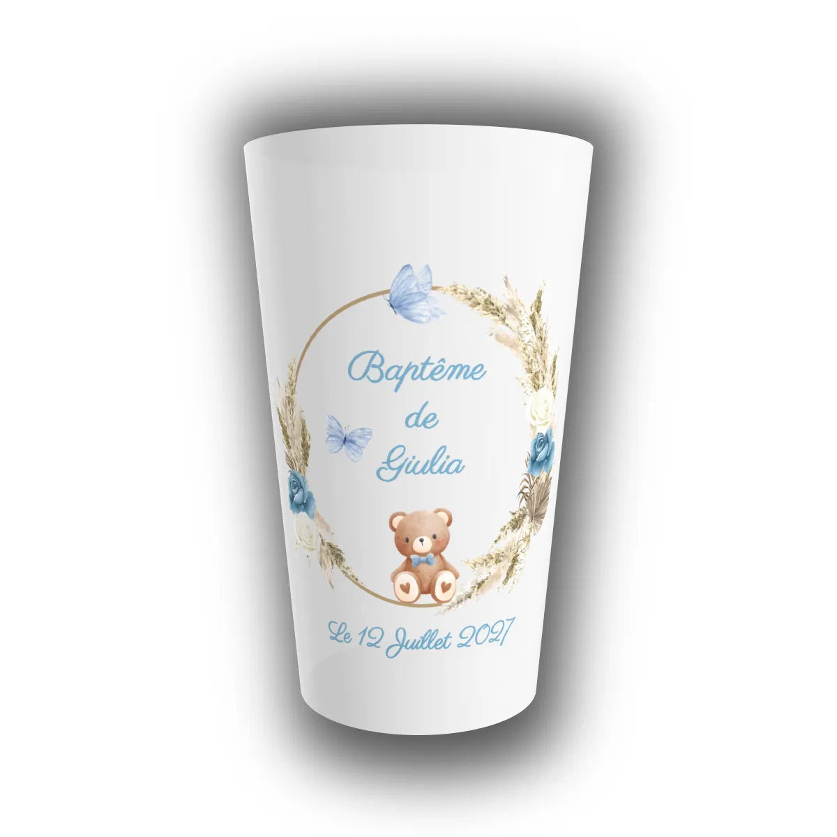 Gobelet réutilisable personnalisé translucide pour baptême, orné d'une couronne bohème, d'un ourson et du prénom de l'enfant avec la date