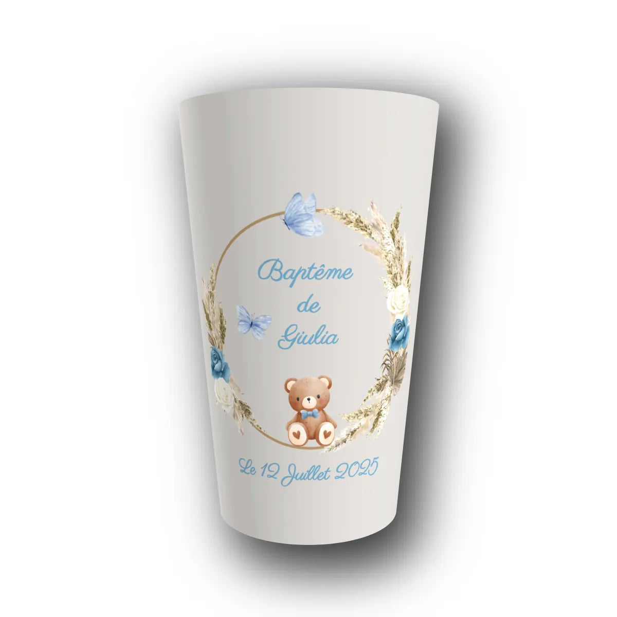 Gobelet réutilisable personnalisé baptême, ourson bohème, rendu 3D