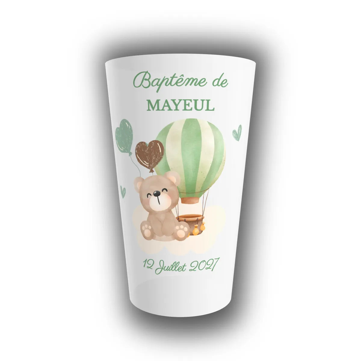 Gobelet réutilisable personnalisé pour baptême, translucide, orné d'un ourson sous une montgolfière verte et de ballons cœur, avec prénom et date