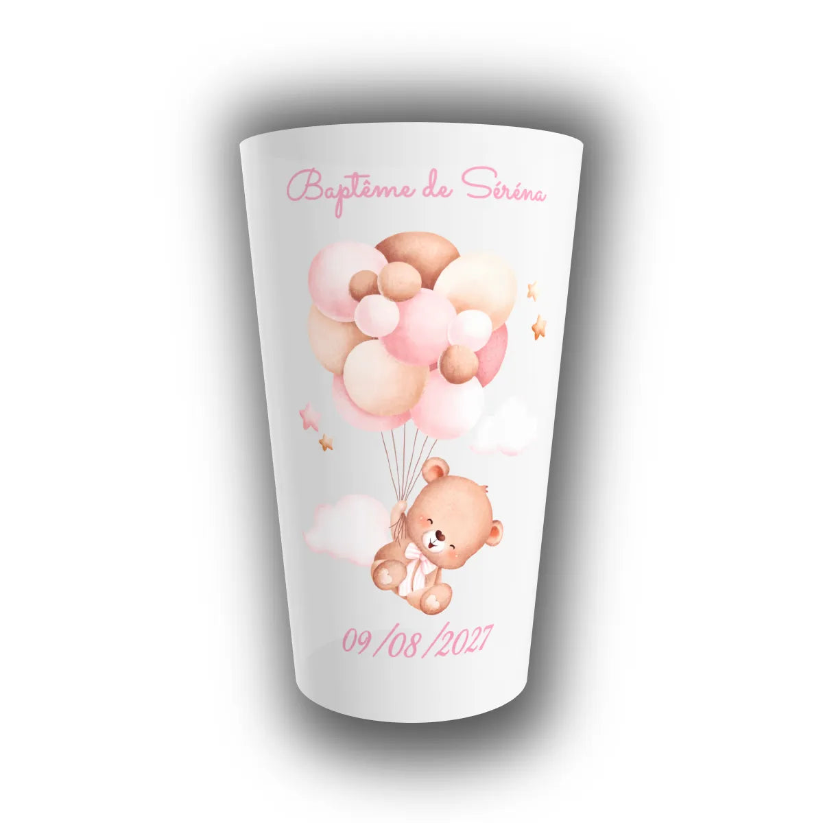 Gobelet réutilisable personnalisé pour baptême, translucide, avec ourson suspendu à des ballons pastel, prénom de l'enfant et date imprimés à l'avant