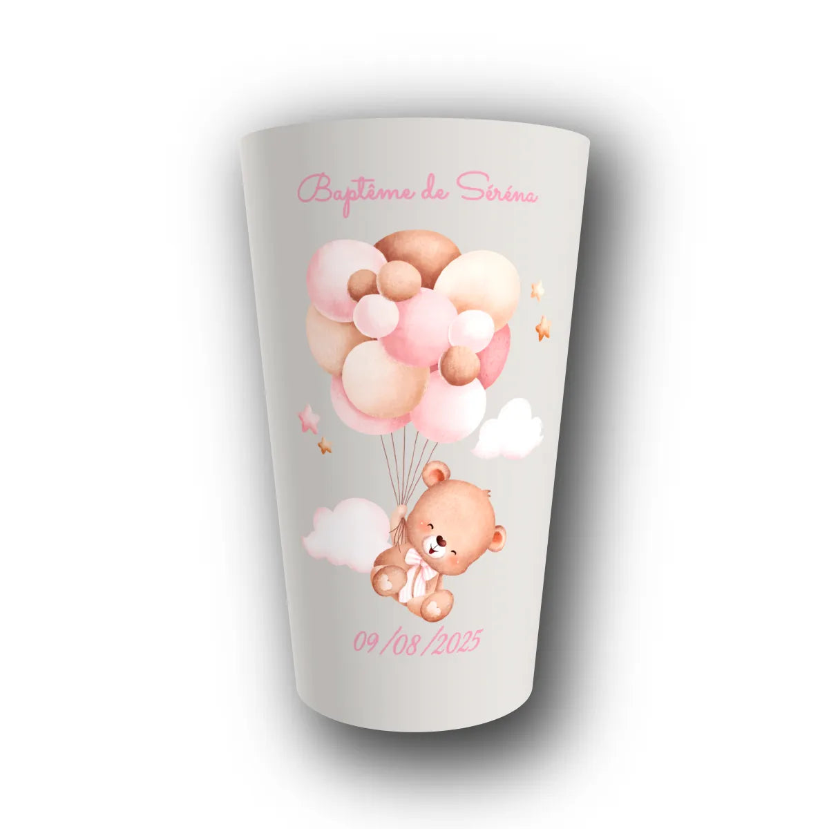 Gobelet réutilisable personnalisé baptême, ourson nuage rose, rendu 3D