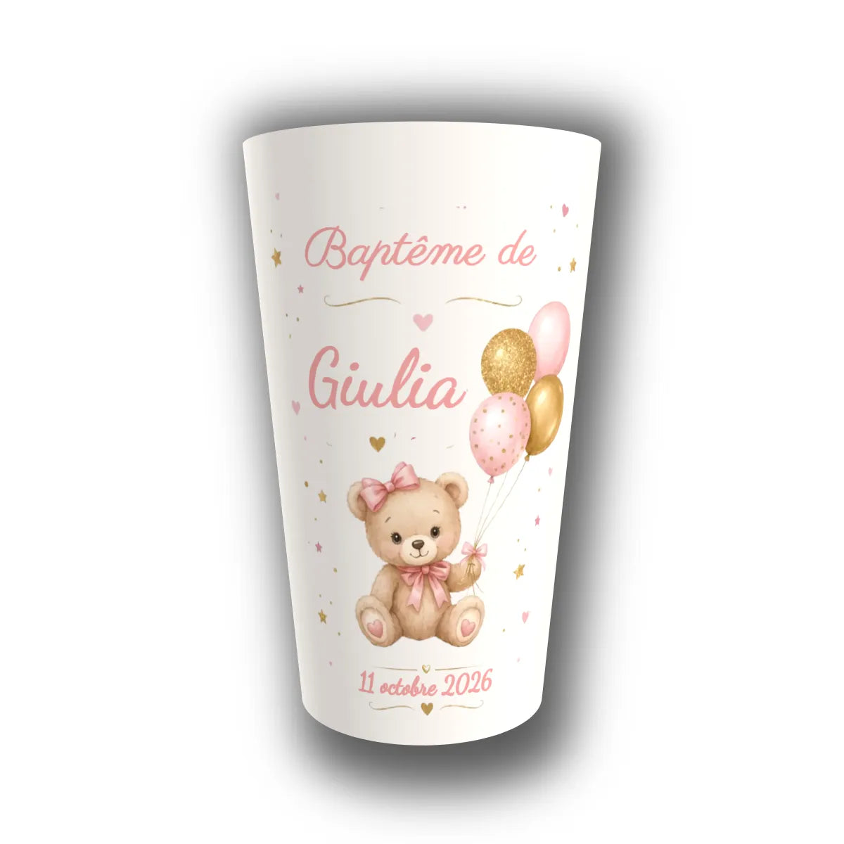 Gobelet baptême personnalisé Ourson Rose & Or — réutilisable, Kuztom