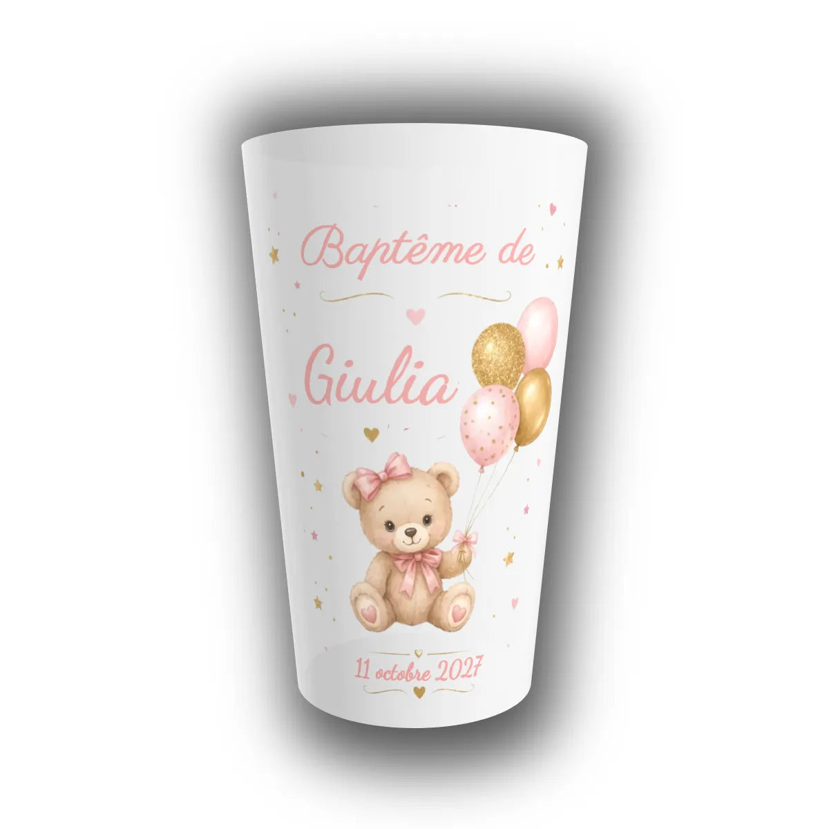 Gobelet réutilisable personnalisé pour baptême, fond translucide orné d'un ourson à nœud rose, ballons roses et dorés, prénom de l'enfant et date