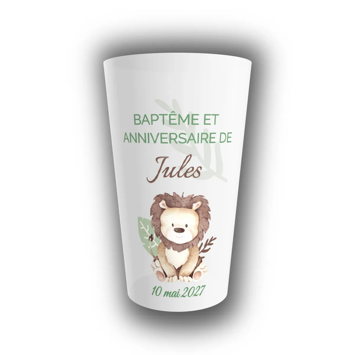 Gobelet réutilisable personnalisé translucide pour baptême, motif lionceau aquarelle et feuillages, avec prénom de l'enfant et date à personnaliser