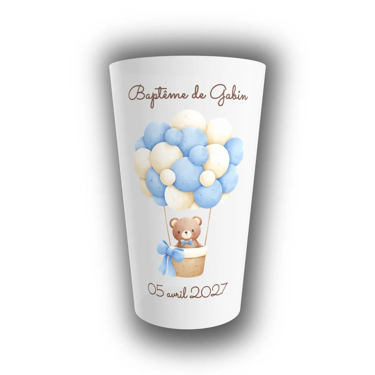 Gobelet réutilisable personnalisé pour baptême, translucide, avec un ourson en montgolfière de ballons bleu ciel et crème, prénom de l'enfant et date