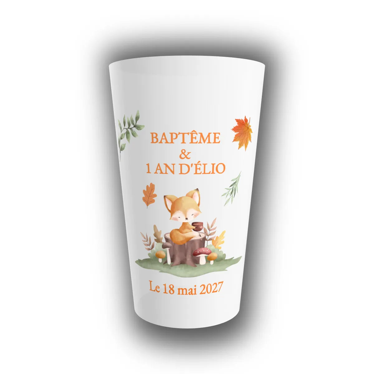 Gobelet réutilisable personnalisé pour baptême, translucide, avec renardeau en aquarelle, feuilles d'automne, prénom de l'enfant et date à personnaliser