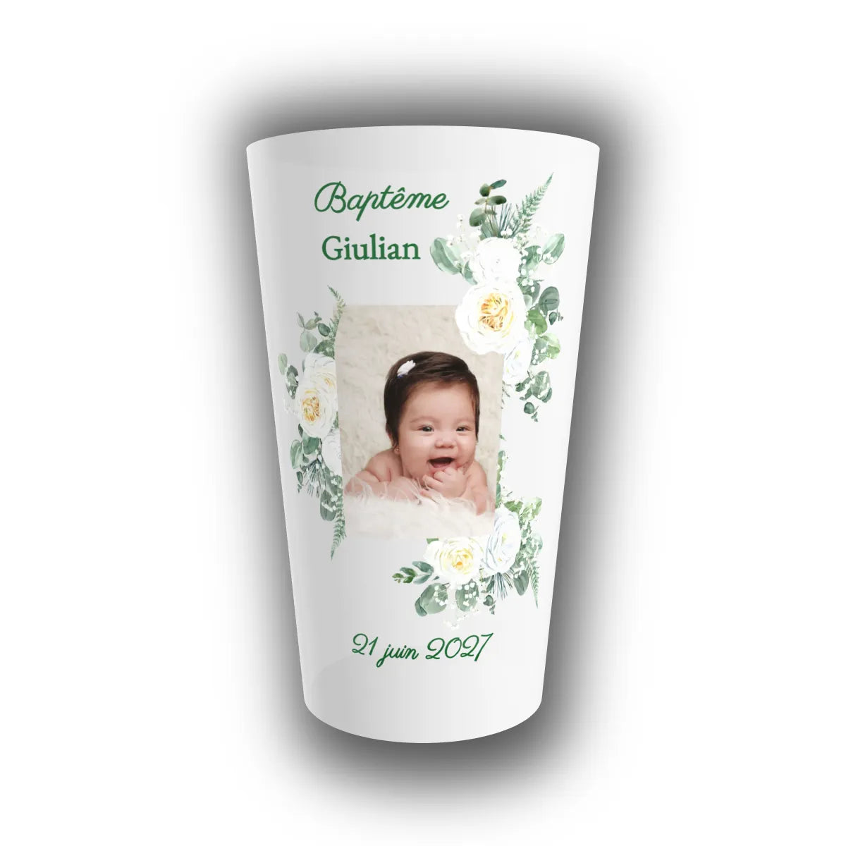 Gobelet réutilisable personnalisé pour baptême, translucide, avec roses blanches, eucalyptus, photo de l'enfant, prénom et date