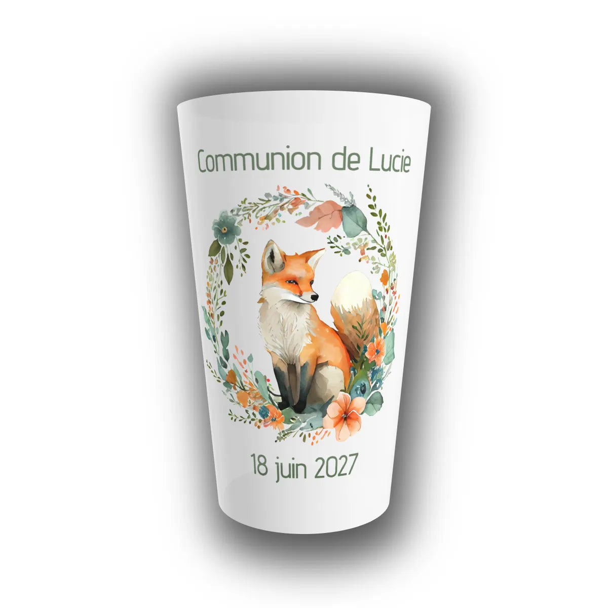 Gobelet réutilisable translucide personnalisé pour communion, motif renard dans une couronne de fleurs aquarelle, prénom de l'enfant et date