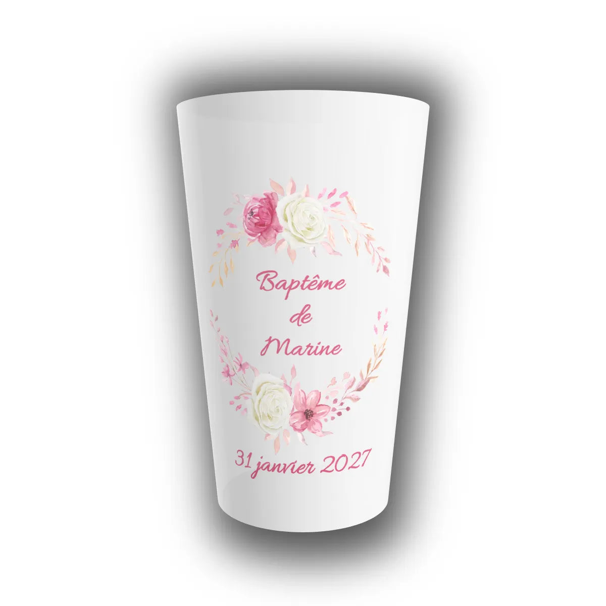 Gobelet réutilisable personnalisé pour baptême, translucide, décoré d'une couronne de roses aquarelle avec le prénom de l'enfant et la date du jour
