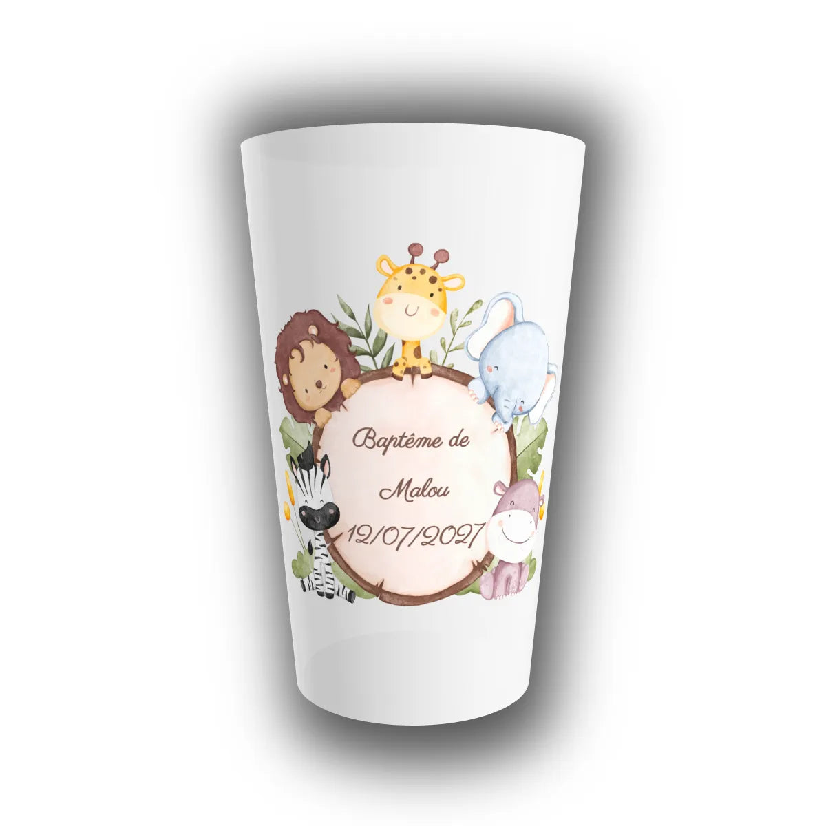 Gobelet réutilisable translucide personnalisé pour baptême, motif safari aquarelle avec lion, girafe et éléphant, prénom de l'enfant et date