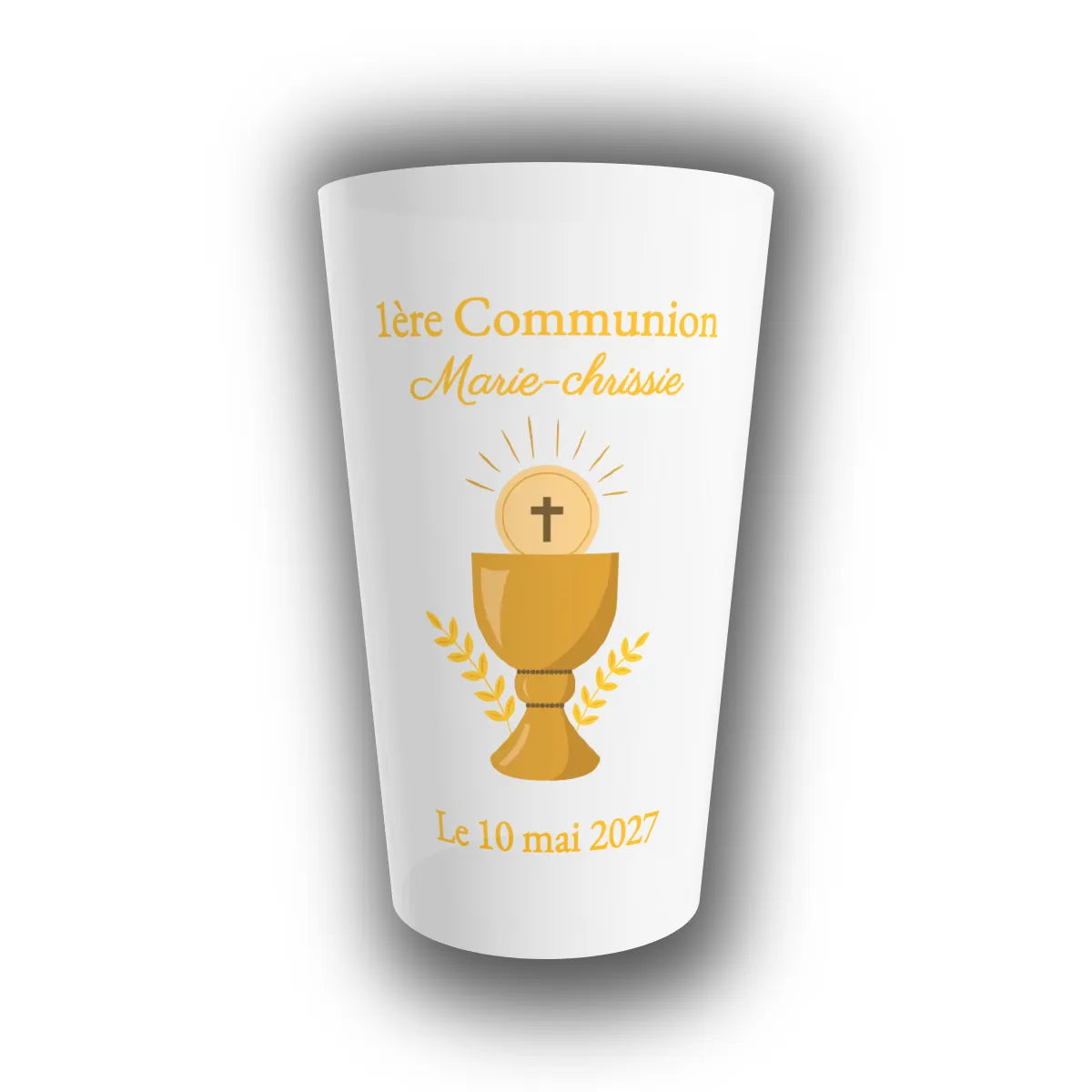 Gobelet réutilisable translucide personnalisé pour communion, avec calice doré, hostie, croix et épis, prénom de l'enfant et date de la célébration