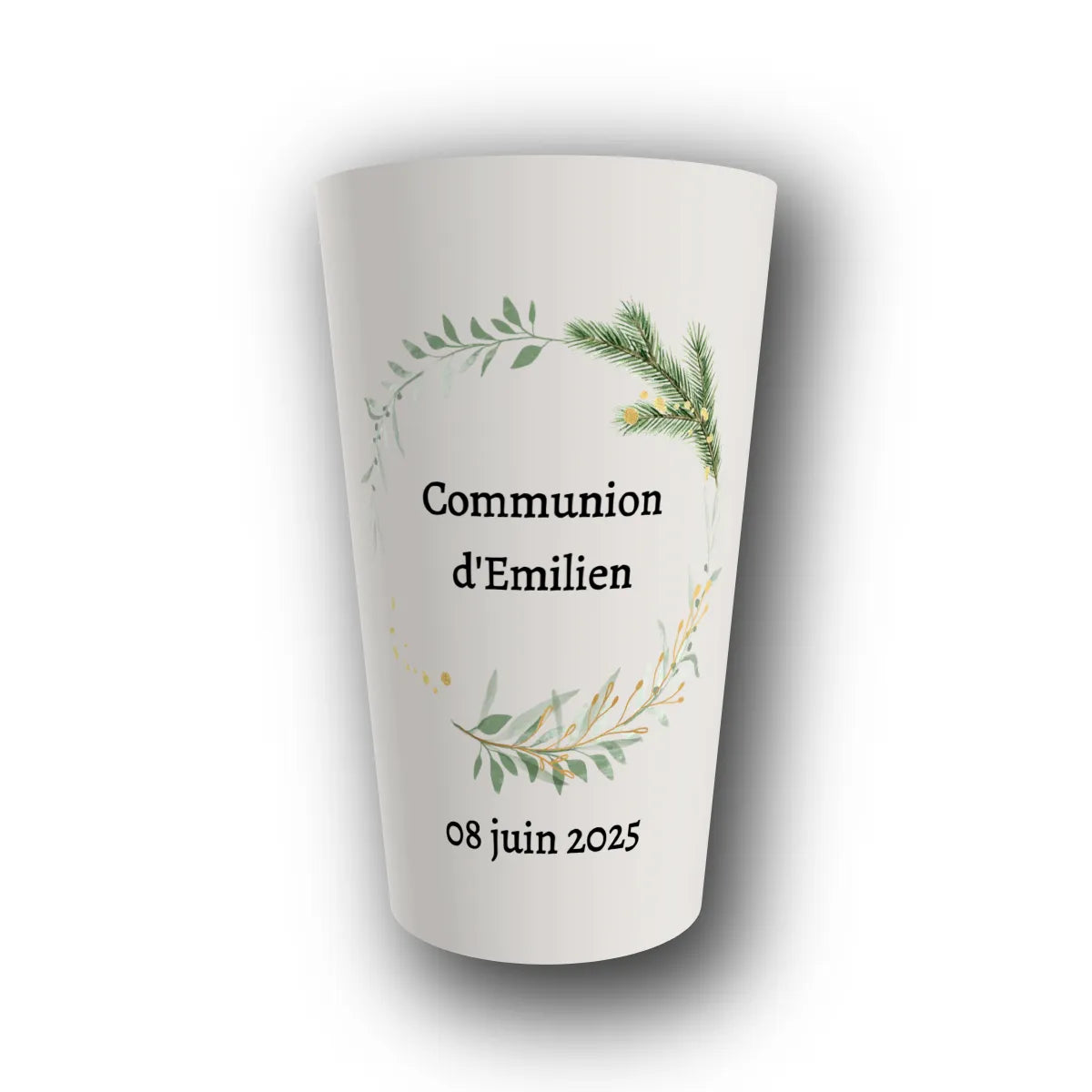 Gobelet réutilisable personnalisé communion, feuillage naturel, rendu 3D