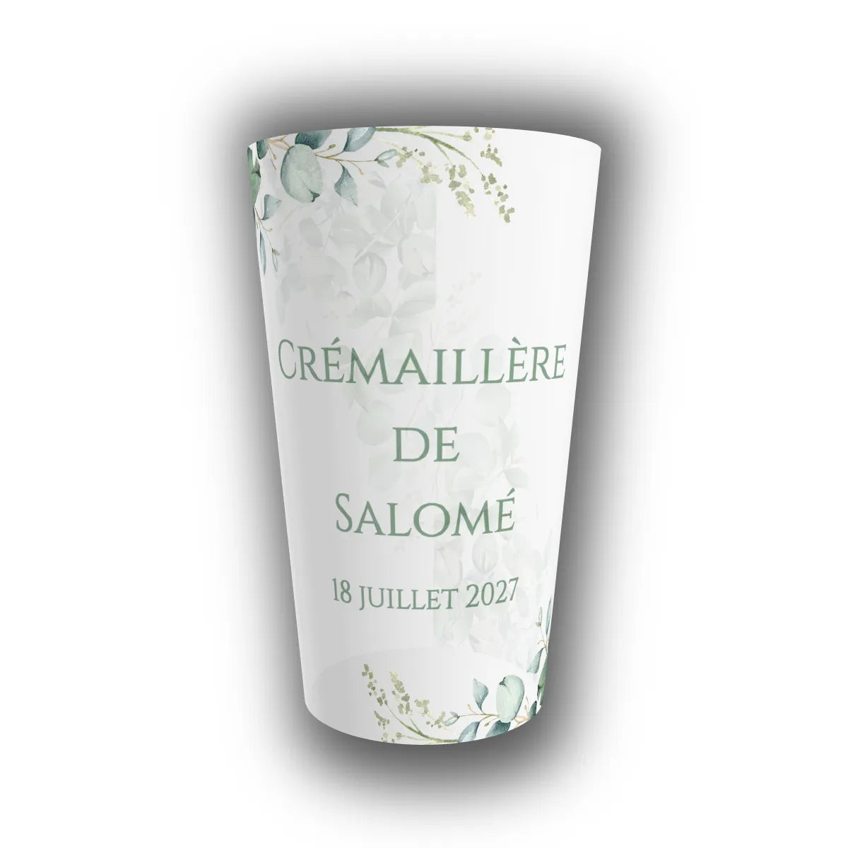 Gobelet réutilisable personnalisé pour crémaillère, orné d'un feuillage d'eucalyptus aquarelle vert tendre, prénom et date au centre