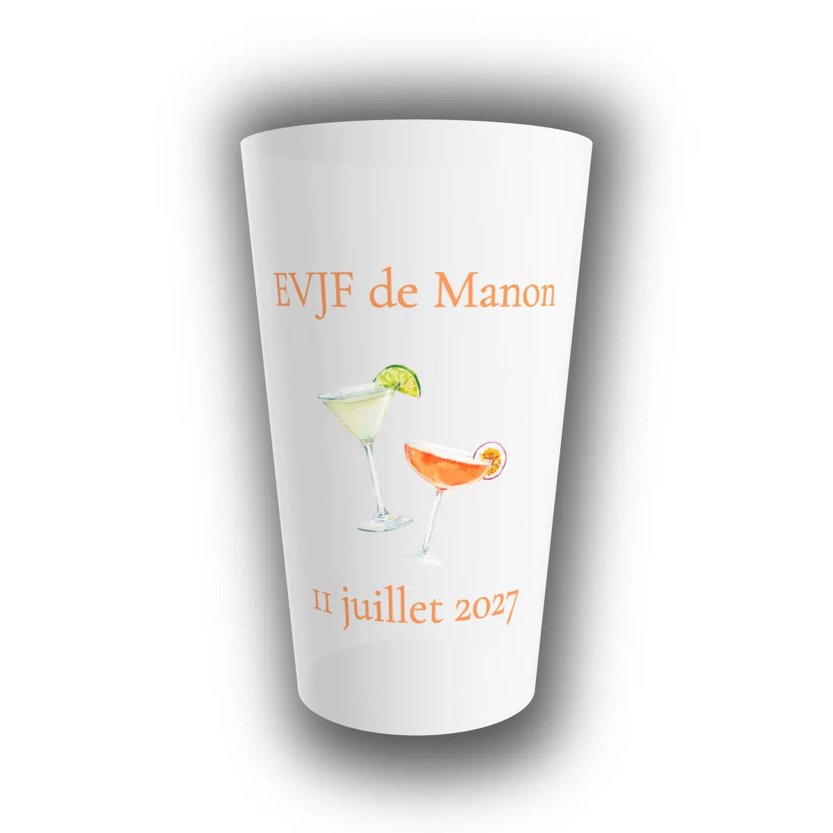 Gobelet réutilisable personnalisé EVJF translucide, duo de cocktails aquarelle, texte EVJF de la future mariée et date en calligraphie orange corail