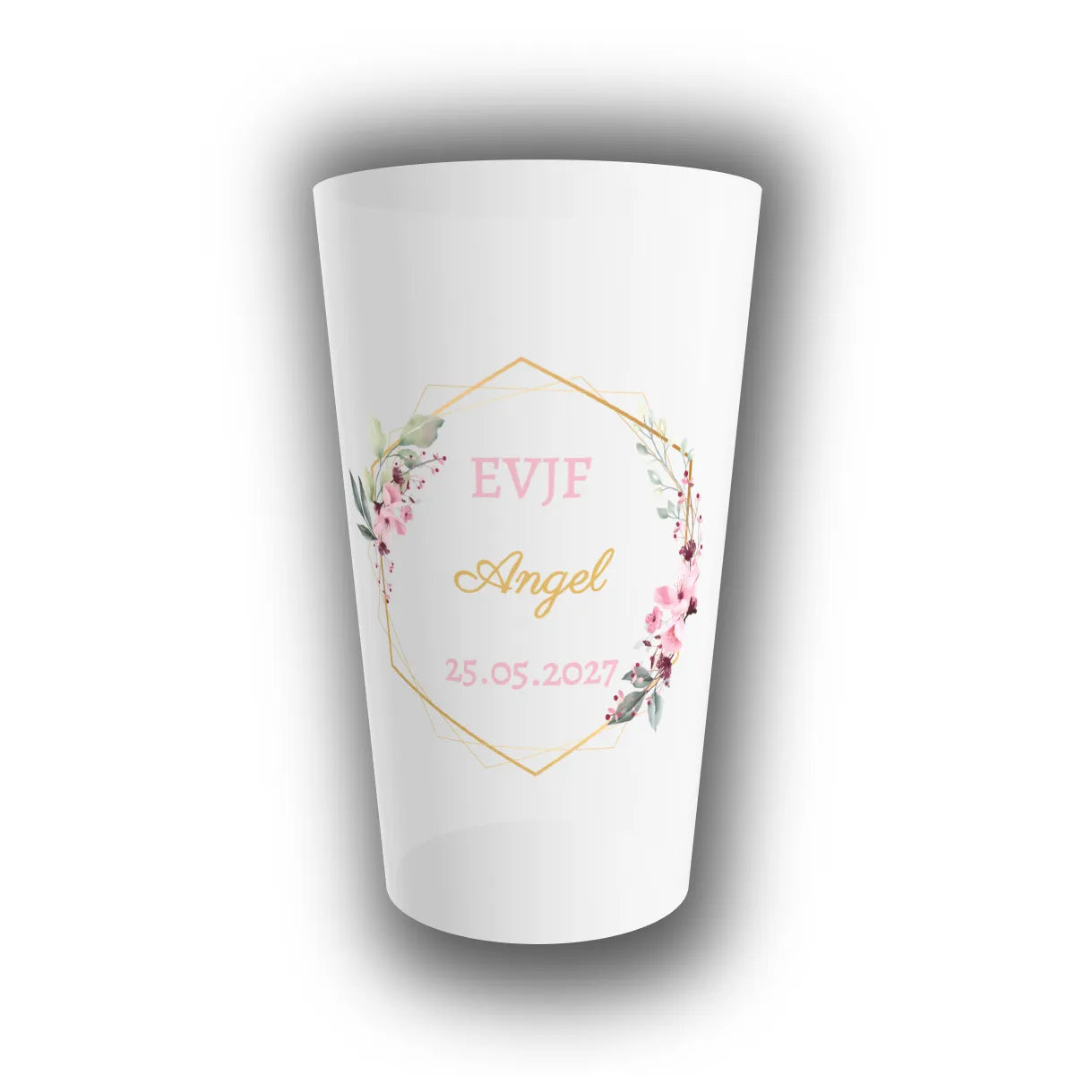 Gobelet réutilisable personnalisé EVJF translucide, motif hexagone doré fleuri, prénom de la future mariée et date en rose et or
