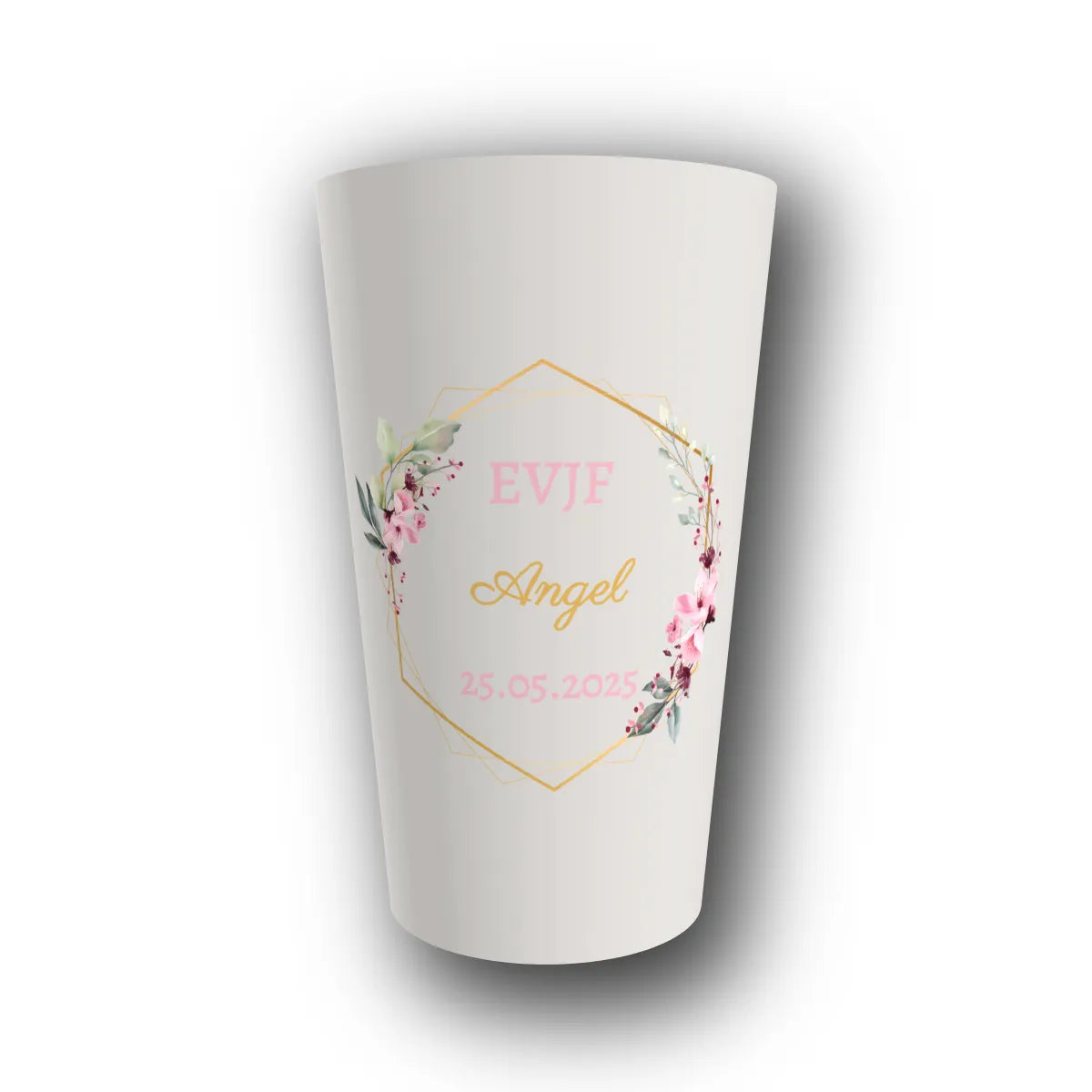 Gobelet réutilisable personnalisé EVJF, hexagone floral, rendu 3D