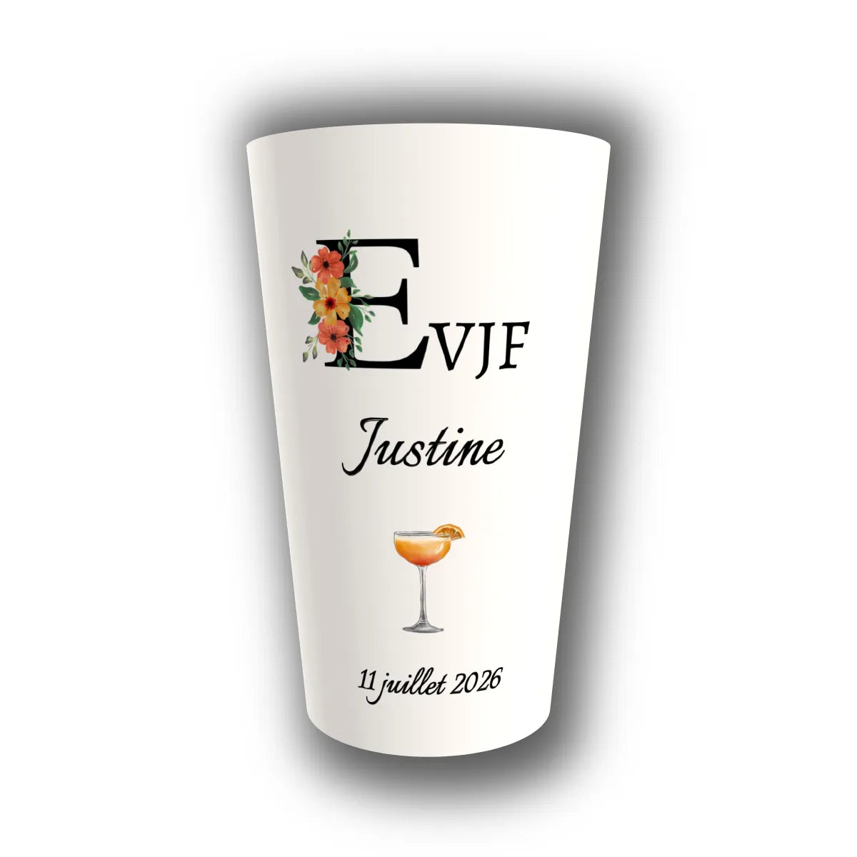 Gobelet EVJF personnalisé monogramme floral et cocktail — réutilisable, Kuztom