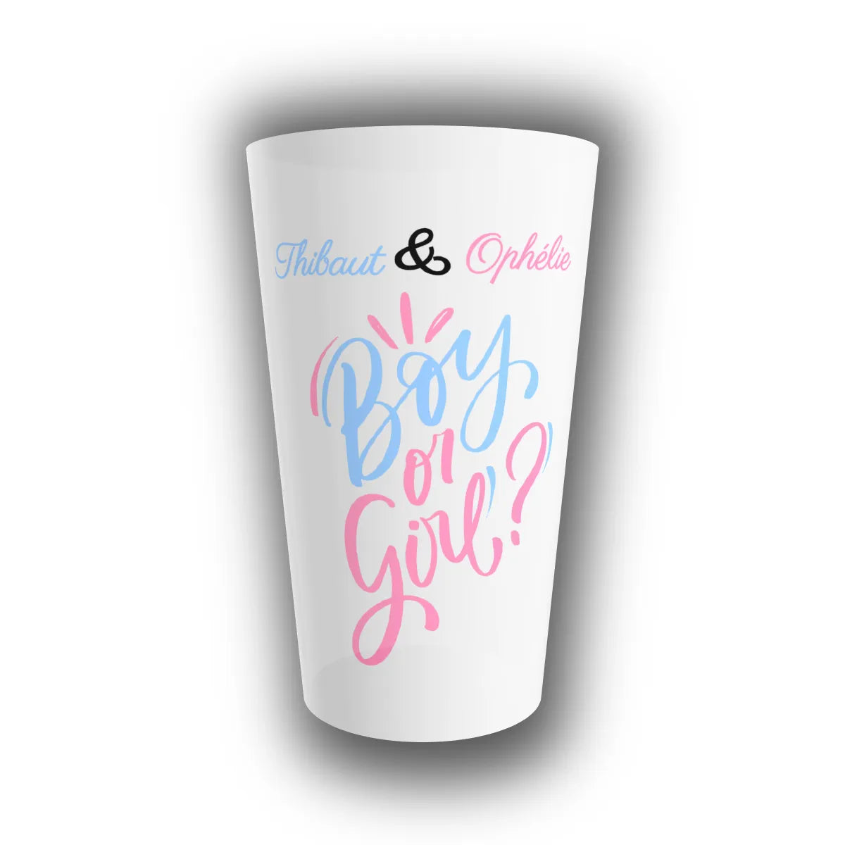Gobelet réutilisable personnalisé gender reveal, prénoms des futurs parents et lettrage Boy or Girl bleu et rose, gobelet translucide