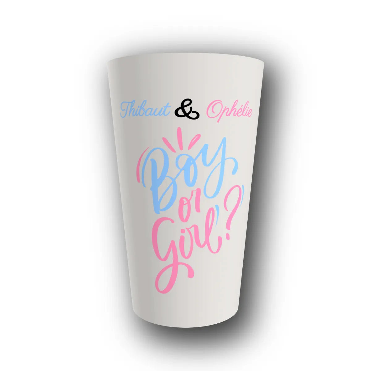 Gobelet réutilisable personnalisé gender reveal, Boy or Girl, rendu 3D