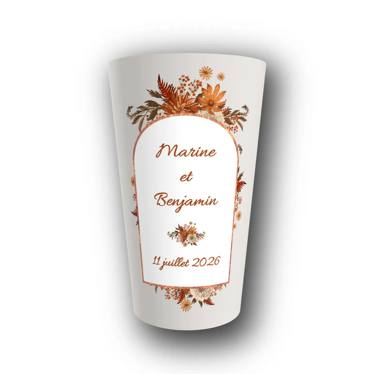 Gobelet réutilisable personnalisé mariage, arche terracotta, rendu 3D