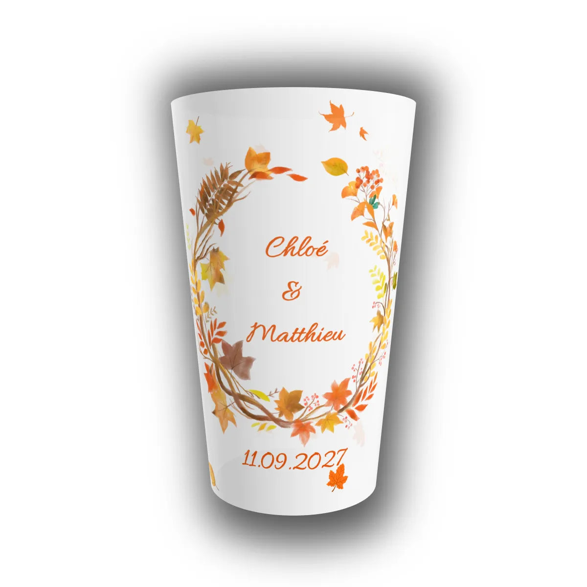 Gobelet réutilisable personnalisé pour mariage, finition translucide, couronne de feuilles d'automne, prénoms des mariés et date au centre