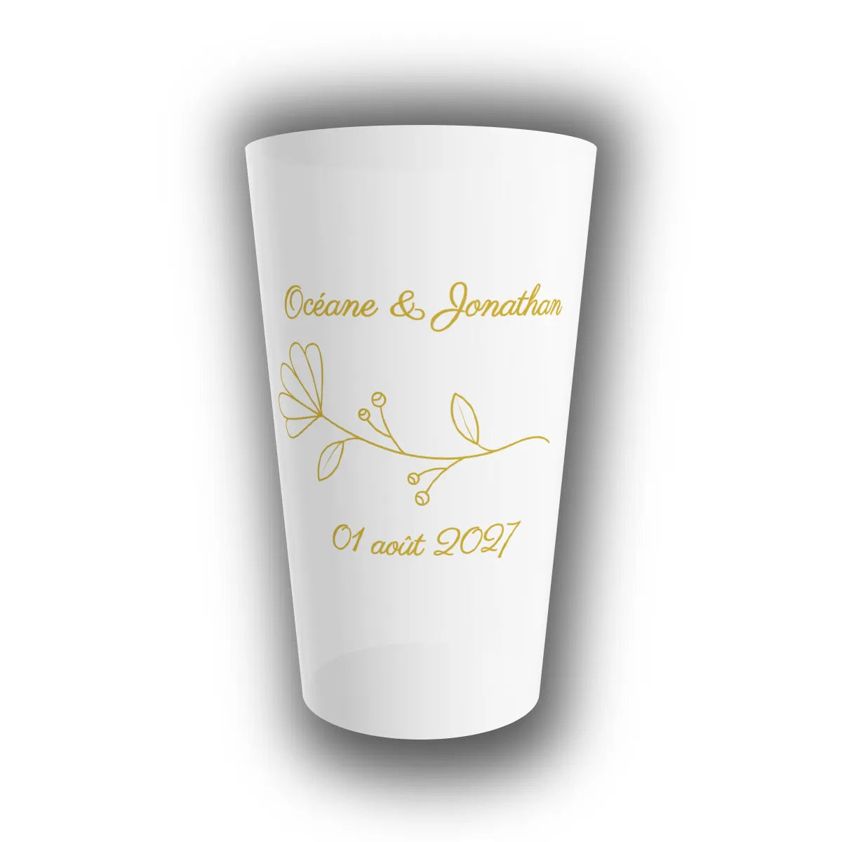 Gobelet réutilisable personnalisé pour mariage, translucide, avec branche fleurie dorée, prénoms des mariés et date en lettres dorées