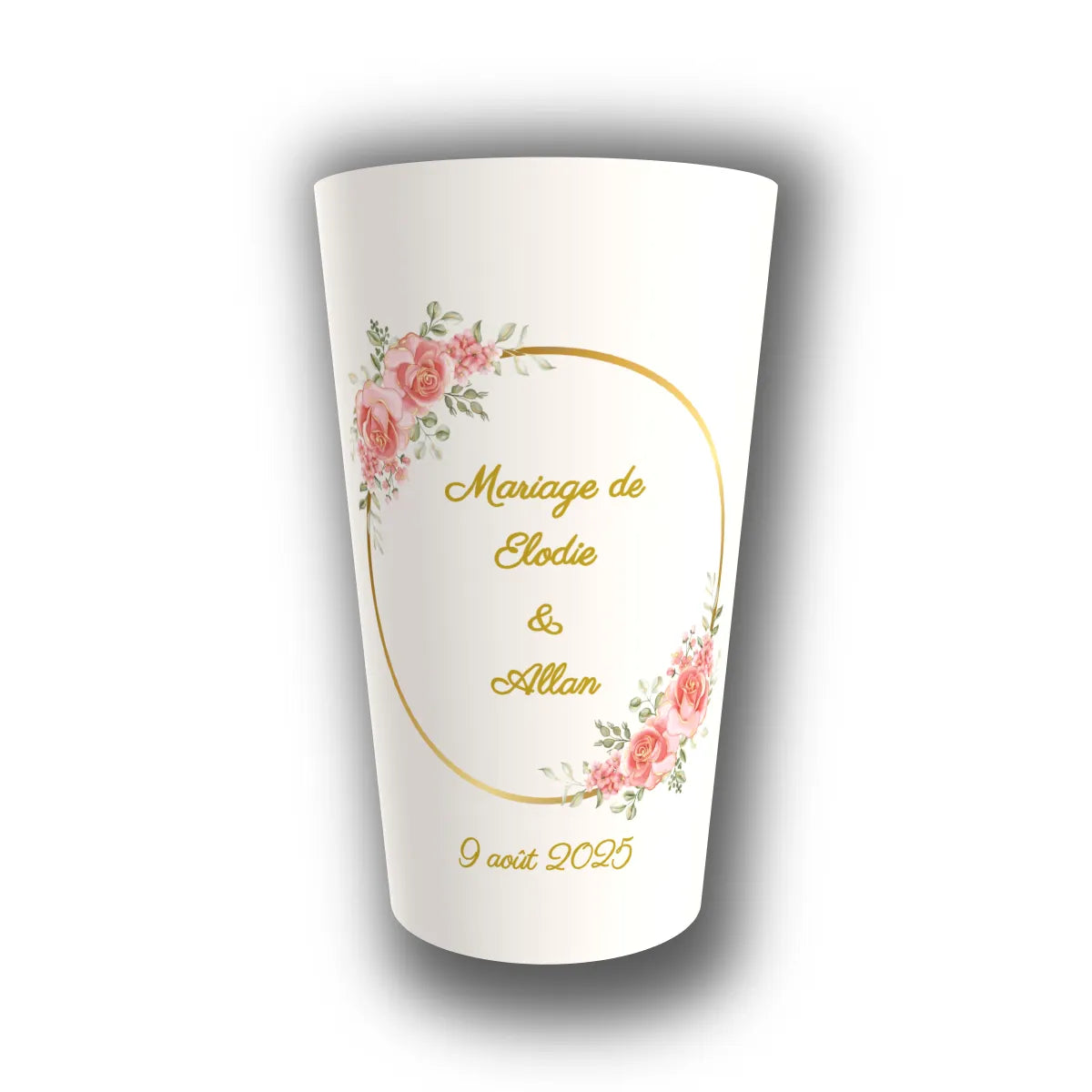 Gobelet mariage personnalisé Cercle d'Or & Roses Tendres — réutilisable, Kuztom