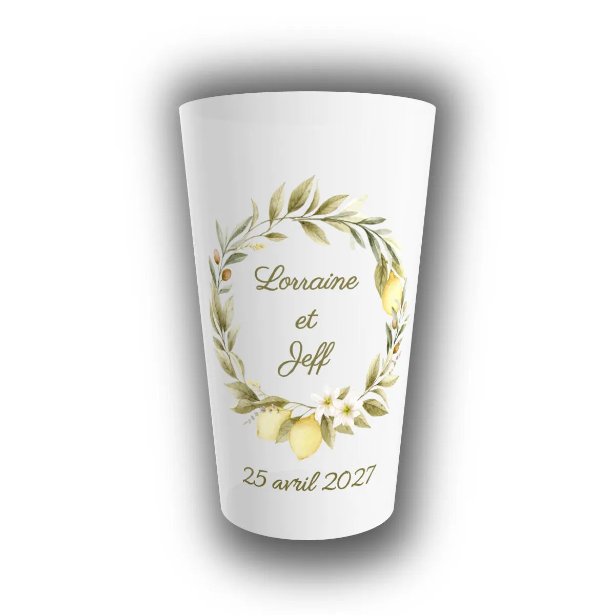 Gobelet réutilisable personnalisé pour mariage, couronne de citrons et feuillages aquarelle, avec prénoms des mariés et date du mariage
