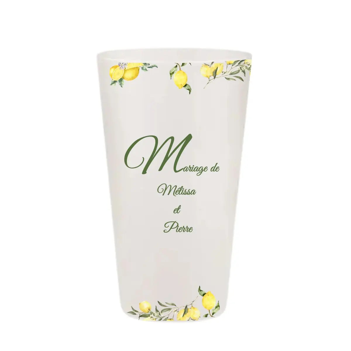 Gobelet réutilisable personnalisé pour mariage, illustration citrons jaunes aquarelles et feuilles d'olivier, fabriqué en France.