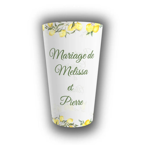 Gobelet réutilisable personnalisé pour mariage translucide, avec citrons aquarelle et branches d'olivier, prénoms des mariés inscrits