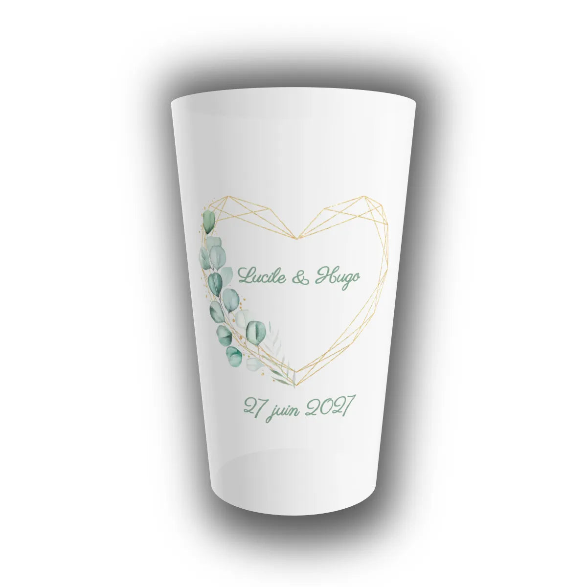 Gobelet réutilisable personnalisé pour mariage translucide, avec cœur géométrique doré, feuillage d'eucalyptus, prénoms des mariés et date